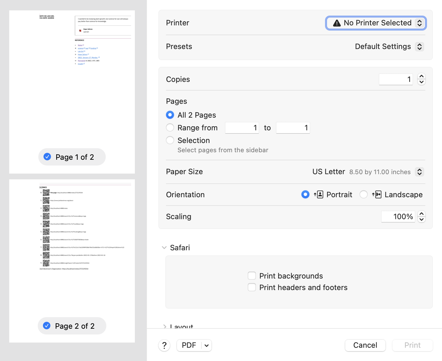 Example print dialog of a page with these footnote links