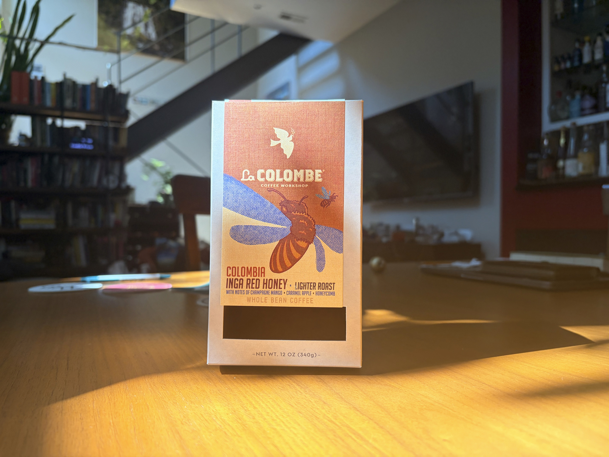 Sun hits the box of Colombia Inga Red Honey from La Colombe