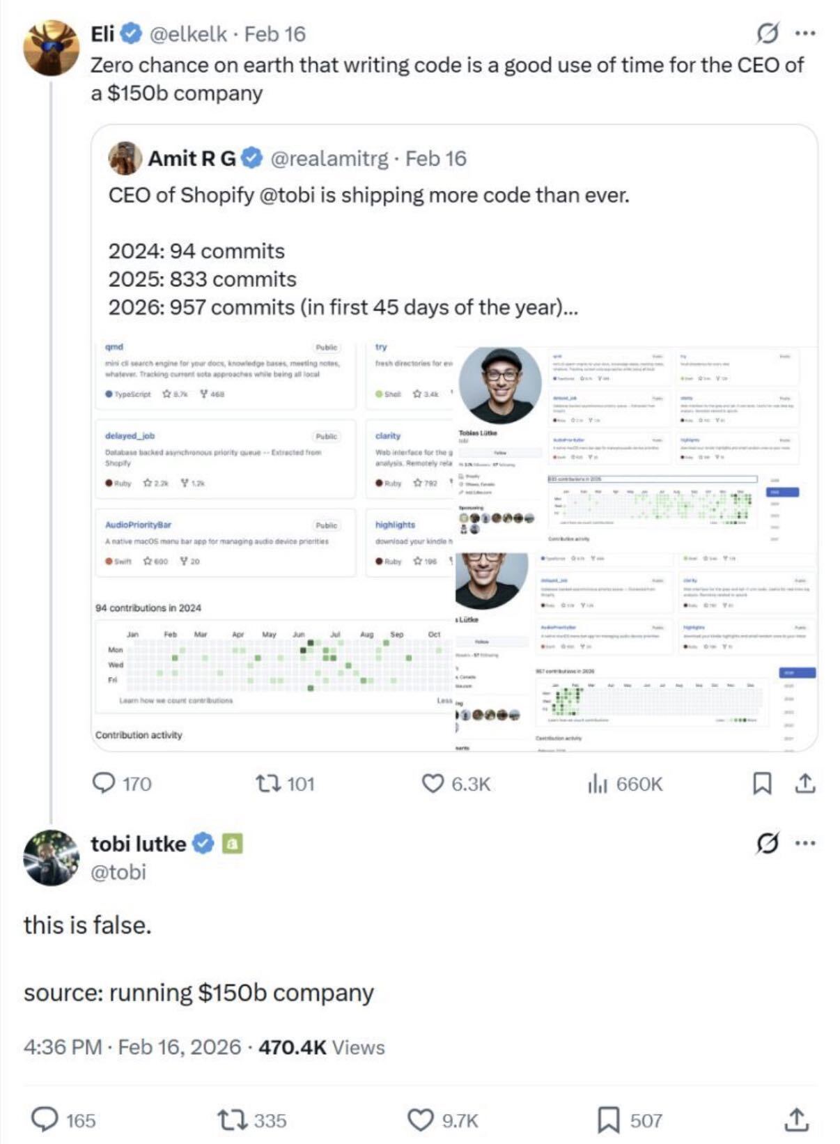 Tobi Lütke responding to a critic that he shouldn't write code at his level by pointing out that Tobi's the one here running a $150B company