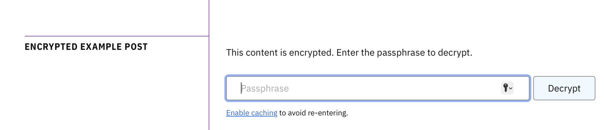 Encrypted post example showing the passphrase form