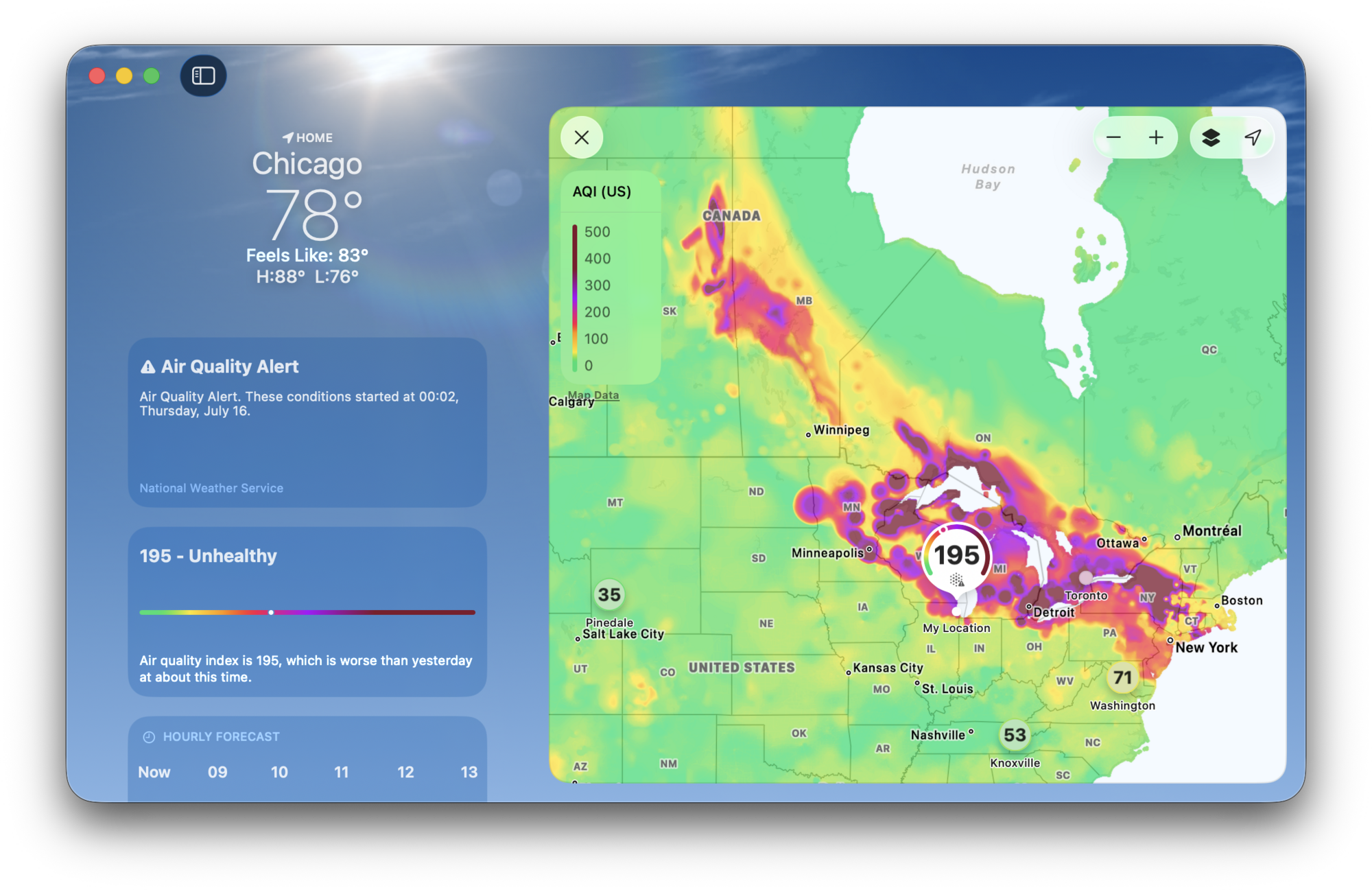 Screenshot of my weather app showing the 192 air quality level in Chicago in context of North America